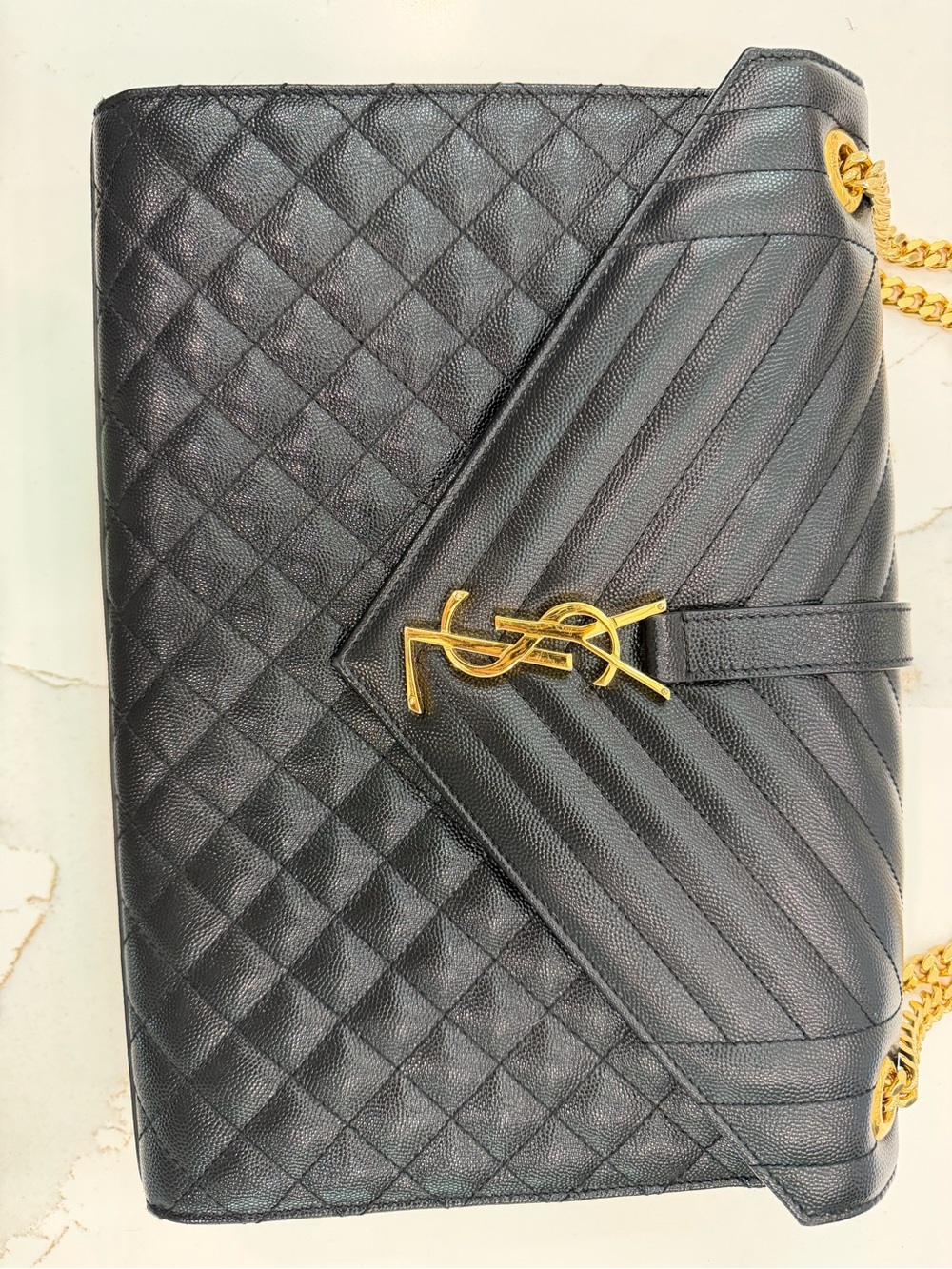 Saint Laurent Black Quilted Chevron Envelope Shoulder Bag with Gold Hardware - Picture 2 of 13